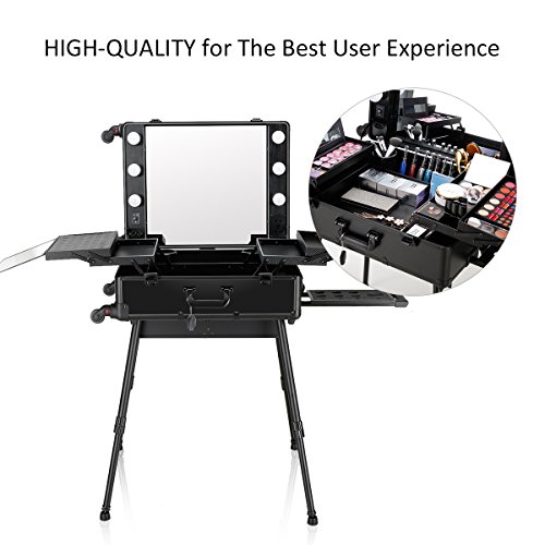 Ovonni LED Makeup Train Case, Lighted Rolling Travel Portable Cosmetic Organizer Box with Mirror & 4 Detachable Wheels, Professional Artist Trolley Studio Free Standing Workstation, Black