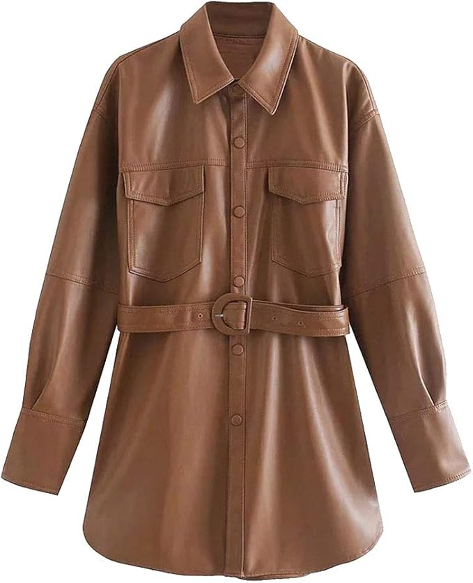 CYSTYLE Damen PU Leder Hemd Bluse Langarmshirt Freizeit Festlich Party ...