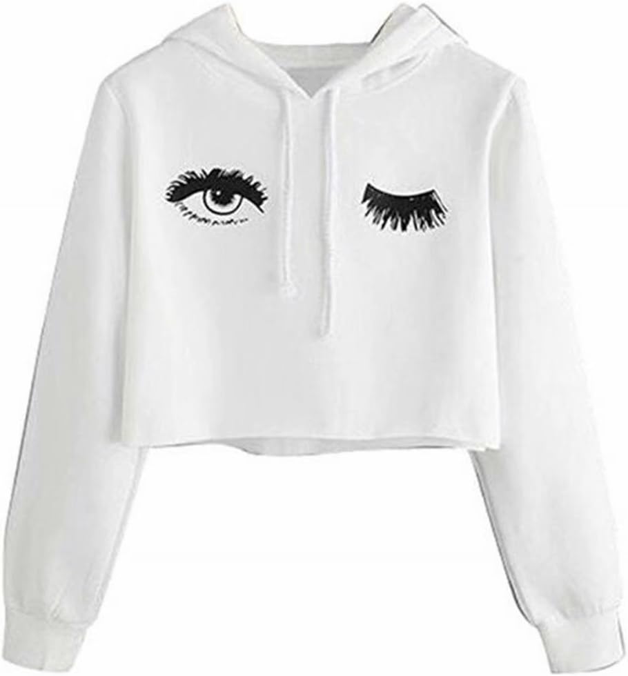 Women Eyelash Print Long Sleeve Crop Top Hooded Sweatshirts Cute Funny Pullover Sweatshirt