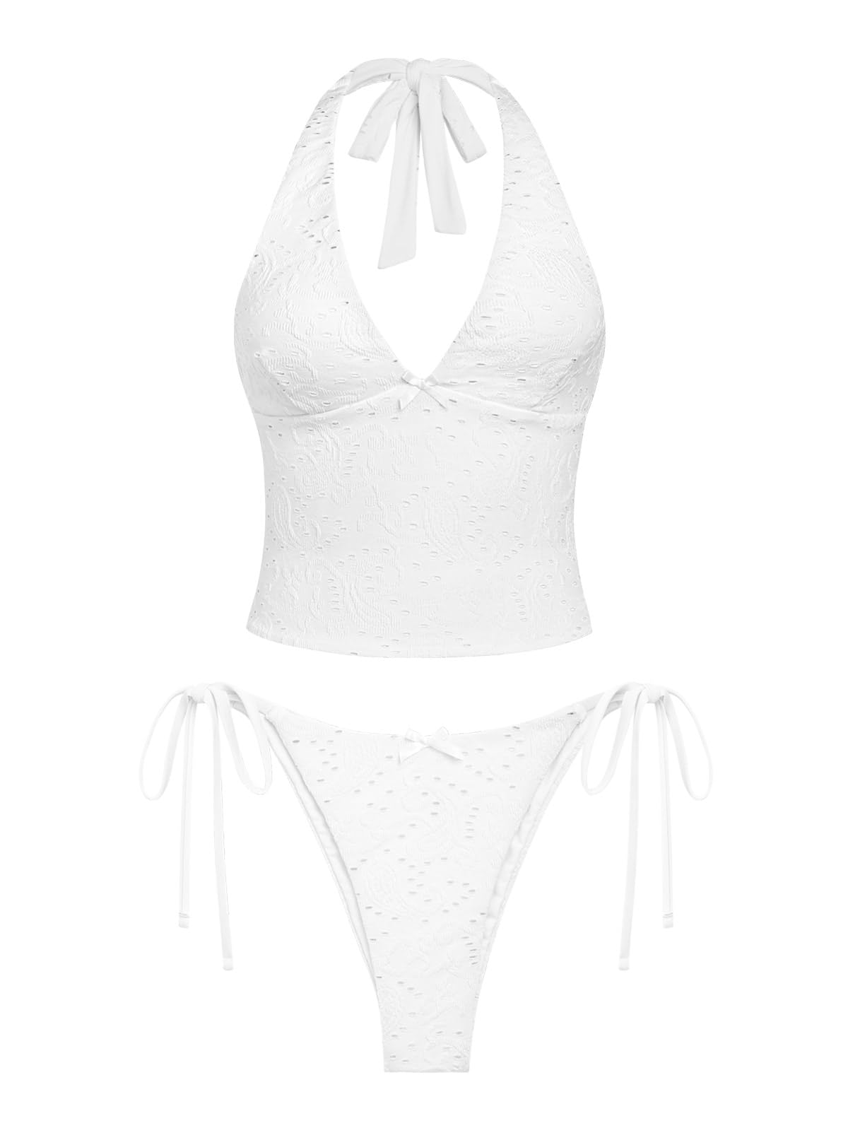 Photo 1 of seamoly Vintage Eyelet Jacquard Textured Bowknot Decor Halter Tie Side Tankini Set, White, S