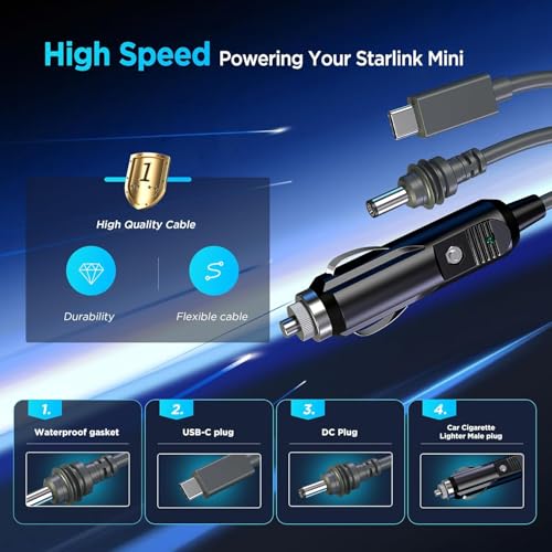 Cabo para Starlink Mini 3 em 1 para Carro – Carregador Veicular 12V/24V USB-C DC Tipo C, 100W, Vedação Original, Compatível com Power Bank e Antena
