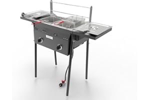 GasOne B-5850A Outdoor Propane Deep Fryer - Double Burners, 16 Qt Removable Baskets & Lids, Oil Fryer Cart with Thermometer &