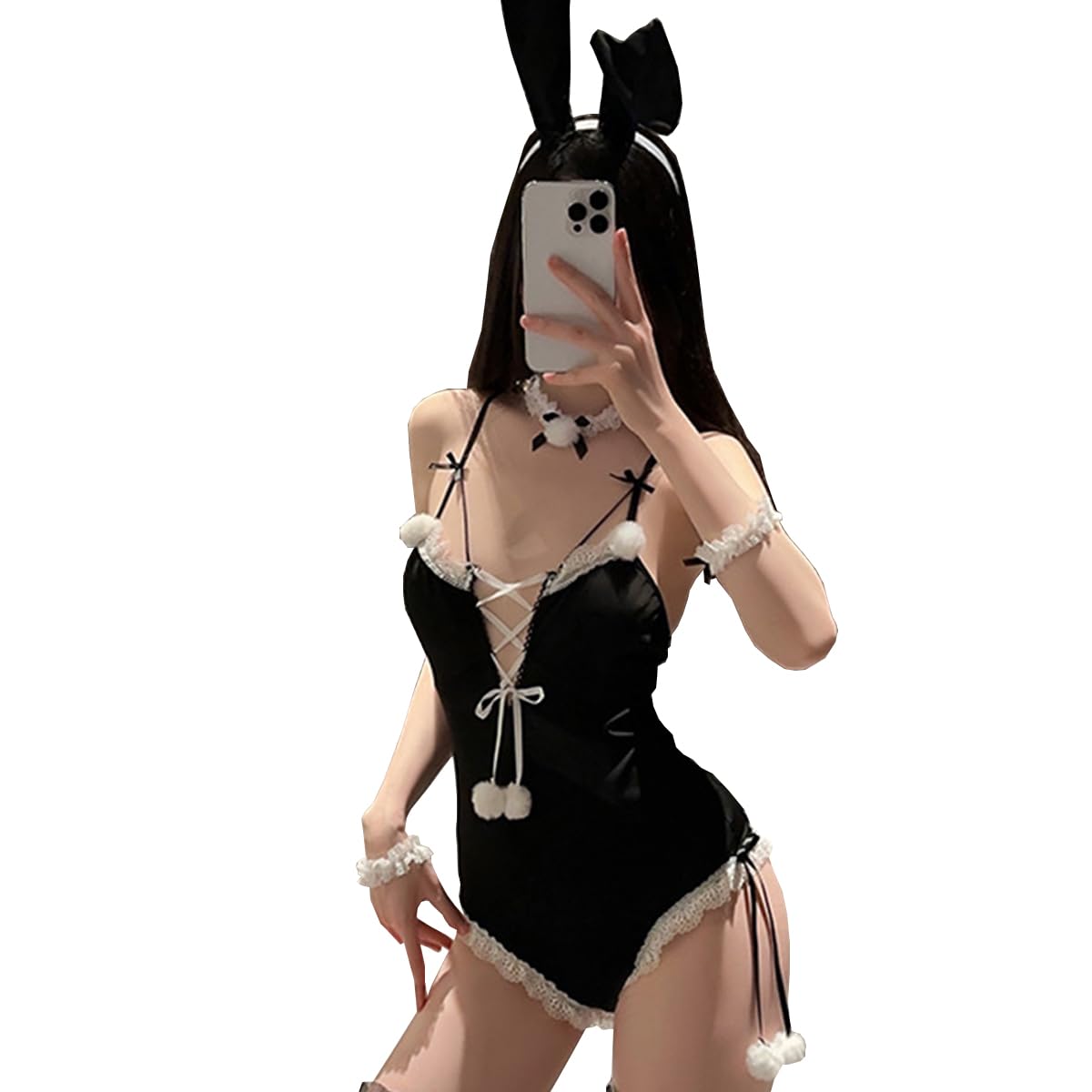 SNOMYRS Teddy Bodysuit Kawaii Bunny Senpai Anime Cosplay Lingerie Maid Outfit Halloween Costumes One Piece with Rabbit Ears Black