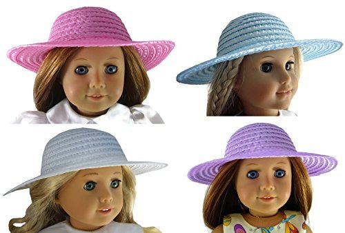 4 Straw Hats fits 18" American Girl Dolls Pink, White, Lavender & Blue