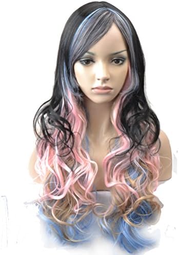 TKEKON Long Curly Full Head Grey Ombre Lavender Wigs Natural Wavy Wigs for Cosplay Costume Party Come with Wig Cap (Black/Pink/Blue/Brown) (Black/Pink/Blue/Brown)