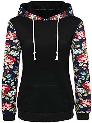 Orcworld Women's Floral Printed Long Sleeve Pocket Pullover Hoodies Black-M