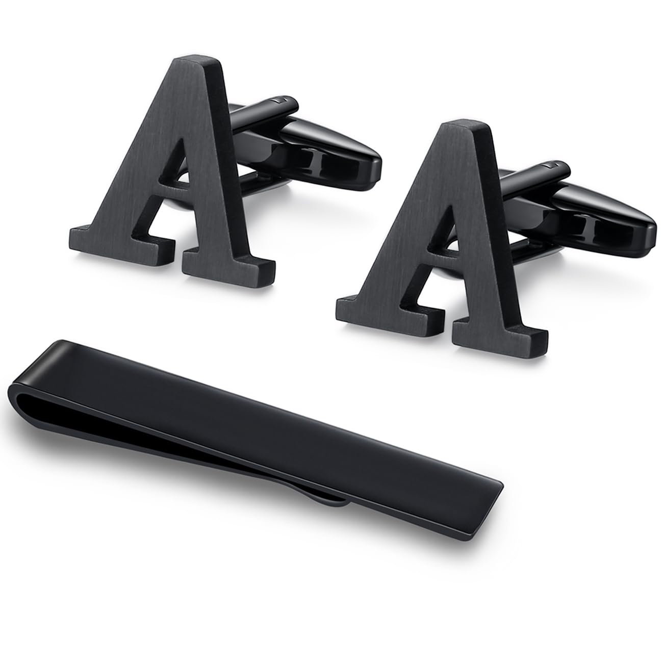 Honey Bear Initial Alphabet Letter Cufflinks Tie Clip Set for Mens - Black Stainless Steel, for Business Wedding Gift A - Z (A)