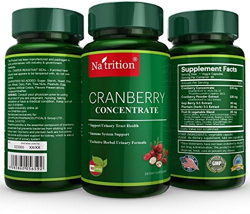 Natrition Cranberry Urinary Tract Health Dietary Supplement Equals 25000 Cranberries, Herbals Blend. Prostate Gland, Kidney Cleanse & Health Support -90 Veggie-Caps