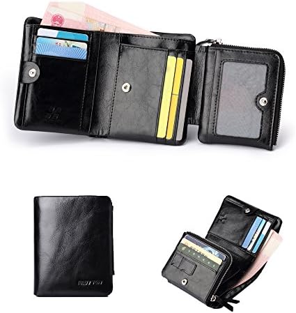 Hautton Leather Black Tri Fold Wallet, Double Stud Fasten 9 credit Card Slots, Micro SD, ID Pouch, Coin Compartment With Hidden Notes Section