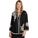 Johnny Was Addison Kimono Sleeve Shirt White Floral Embroidery Top Black New