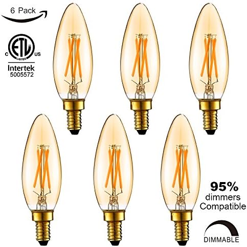 LiteHistory Deep Dimmable 4W C32/B10 led bulb,ETL,E12 LED Candelabra Bulb,250lm,40W equivalent led chandelier,Ultra warm White 2200K led candle bulb,Blunt tip,Amber glow,6-Pack