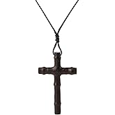 DIYFASH Men's Wooden Cross Necklace Real Handcrafted Ebony Wood Cross Pendants With Leather Necklaces Men's Black Cross Necklaces Christian Baptism Crucifix Pendant for Men(bamboo grain