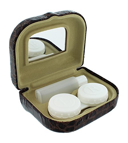Faux Patent Leather Croco Contact Lens Travel Case Mirror Solution Bottle Brown