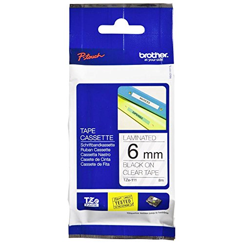 Brother TZe-111 Labelling Tape Cassette, 6 mm (W) x 8 m (L), Laminated, Brother Genuine Supplies - Black on Clear