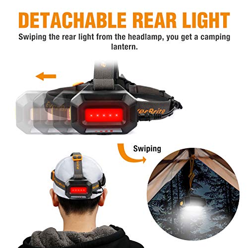 EverBrite Rechargeable Headlamp, 300 Lumen Zoomable Super Bright Headlight with White & Red LEDs and Detachable White & Red Taillight, Water Resistant IPX4, 10 Lighting Modes Head Torch