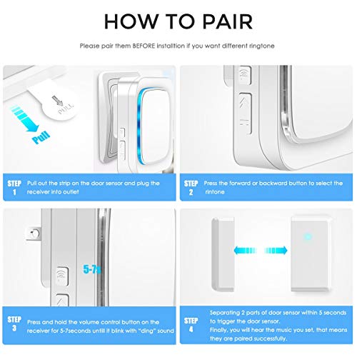 Door Sensor Chime Alarm Wireless System for Home Security, Coolqiya Entry Bell Alert Kit 600FT Operating Range With 4 Volume Levels, 2 Door Sensors + 1 Plug-in Receiver(White) - Thumbnail 6