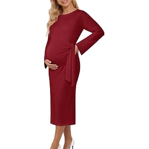 Yousify Women's Casual Maternity Dresses Tie Waist Pregnancy Clothes | Crew Neck, Long Sleeve, Slim Fit, Soft Comfy, Casual E