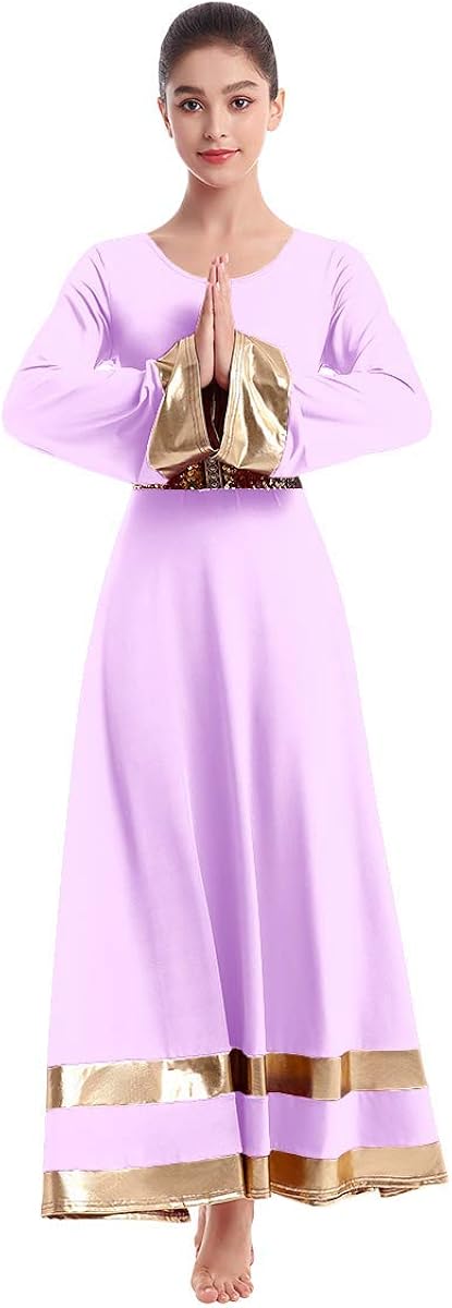 IBAKOM Womens Long Sleeve Tunic Robe Worship Praise Liturgical Full Dance Dress Ballet Costume with Sequins Belt: Clothing