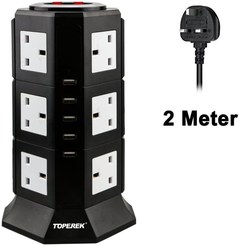 TOPEREK Power Strip Tower Surge Protector Electric Charging Station 3000W 13A 16AWG 12 Outlet Plugs with 5 USB Slot 9.6ft Cord Wire Extension Universal Charging Station Office (Black)