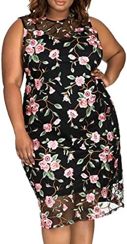 Plus Size Bodycon Dresses For Women - 2017 Sexy Embroidered Floral Sleeveless Black Casual Party Dress XL/2XL/3XL/4XL (XXXXL(US 26-28))