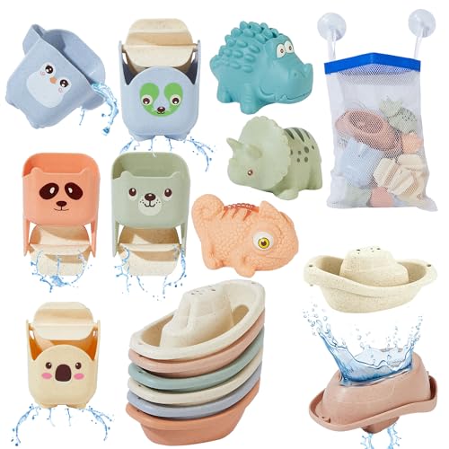 AMCHSURI Baby Bath Toys for Kids Ages 1-3, 14 Pack Mold Free Toddler Bath Toys for 2-4 Bathtub Water Toys with Floating Boats & Bath Cups and No Hole Animal Floating Pool Toys for Babies 6-12 Months
