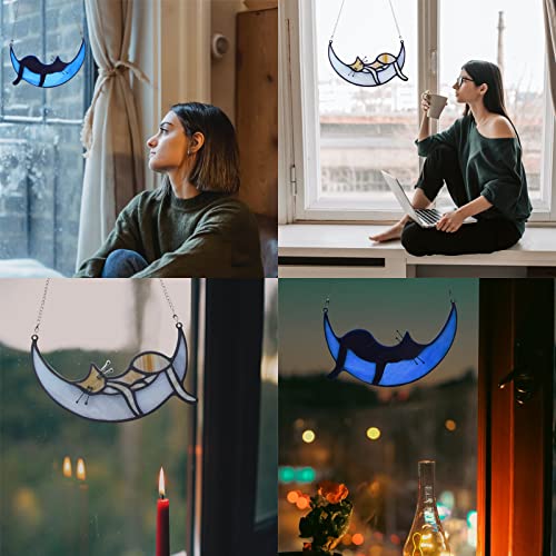 Orange Tabby Cat Decor, 2 Pcs Cat Decor Suncatcher, Window Suncatcher Cat on Moon Memorial Gifts Gifts for Cat Lovers