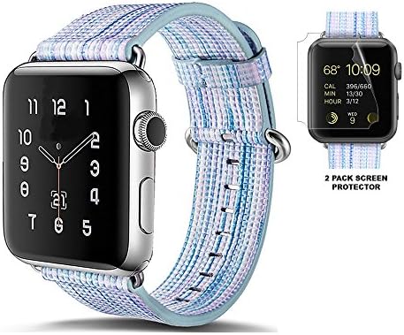 Apple Watch Band 42mm, Multicolored Stripe Pattern Genuine Leather Set with Bonus Screen Protector by Palestrapro. iWatch Replacement Band for Series 1,2,3. Vibrant and Youthful Choice. A Gift Idea.