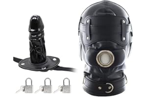 FST Black Leather Bondage Mask Hood,Full Face Blinder Detachable Cover Eye Dildo Mouth Gag Head Hood, for Unisex Adult Play, 