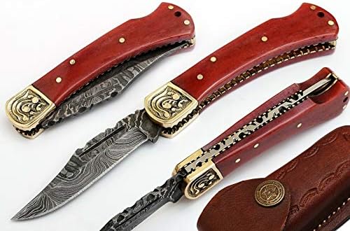 DAMASCUS Steel Red Bone Handle Straight Folding TOP LOCK Pocket Knife/Outdoor tools