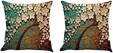 MHB Oil Painting Black Large Tree and Cream Flower Linen Throw Pillow Covers Decorative Pillowcase Cushion Cover 18 x18 Inch Pack of 2(Green)