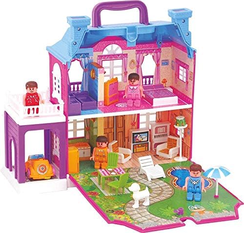 Happy GiftMart 40 pc Doll House with 4 Pose-able Person and Full Furniture and Lights & Easy to Carry