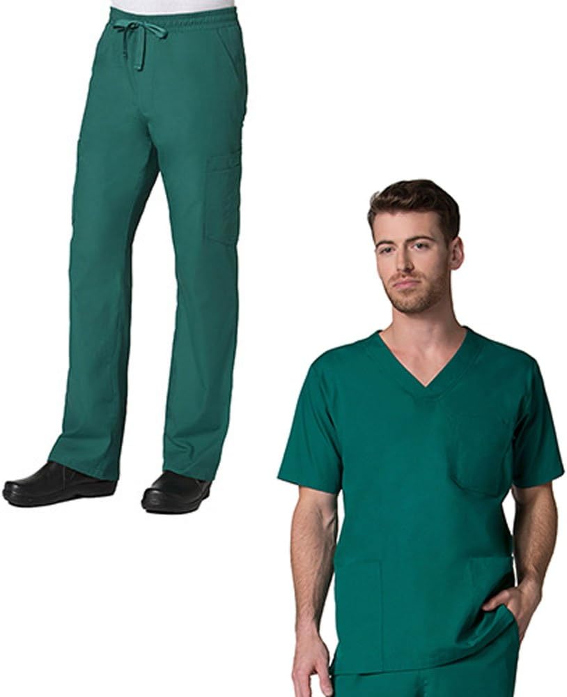 Red Panda Men's 3 Pocket V-Neck Top & Full Elastic 10-Pocket Cargo Pant Scrub Set