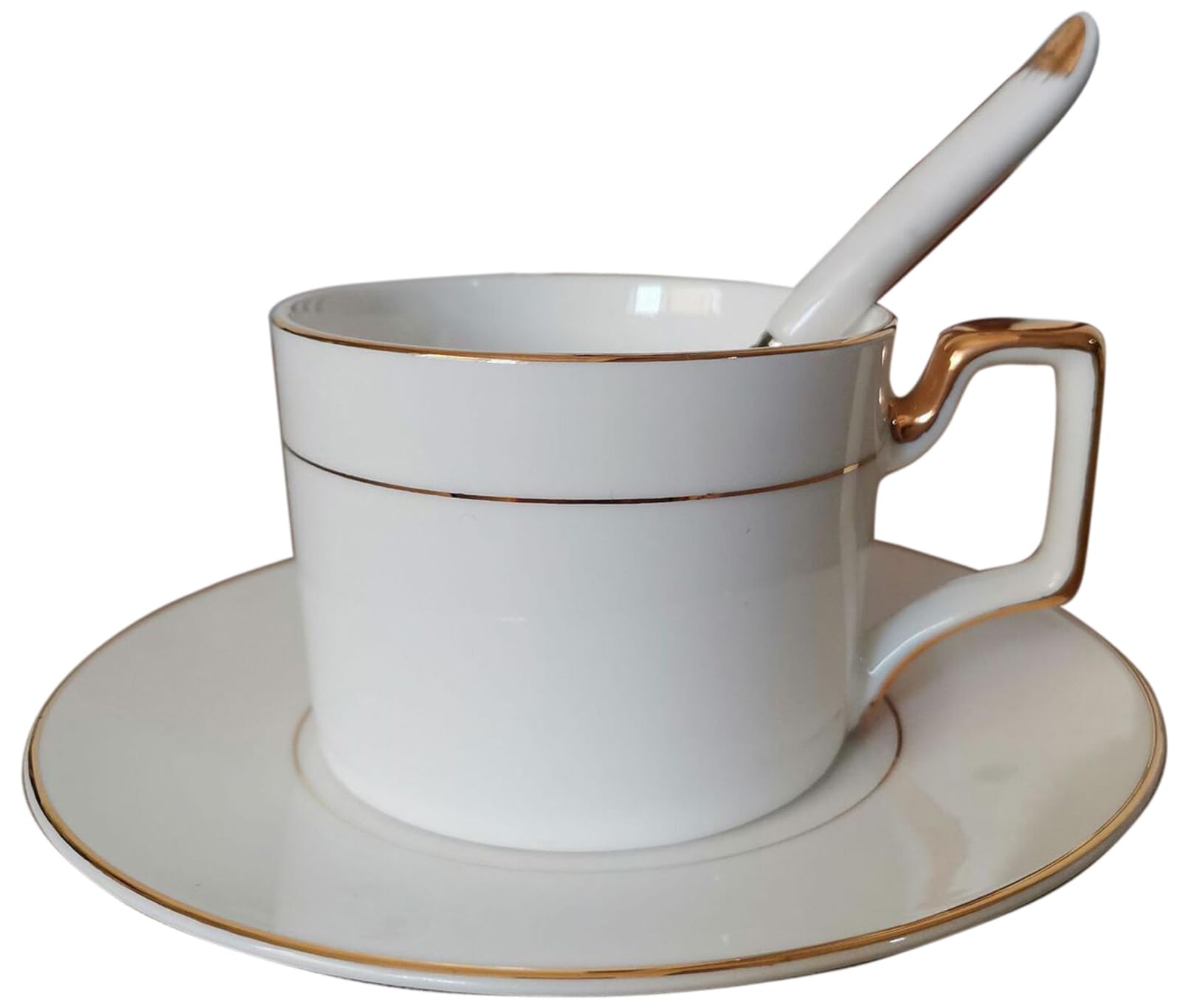 Eplze® Elegant Bone China Cup and Saucer Set, 8oz Coffee Cup with Gold Rim for Afternoon Tea- Pure White