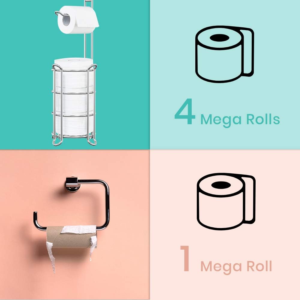 TreeLen Toilet Paper Holder Stand Toilet Tissue Roll Holder with Shelf for Bathroom Storage Holds Phone/Wipe/Mega Rolls-Shiny Chrome - - 