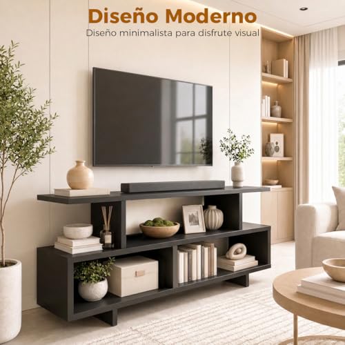 DNIDIO Mueble para TV Moderno, Mesa para TV con Consola de 3 Niveles,Centro de Entretenimiento para TV(110cm, Negro)