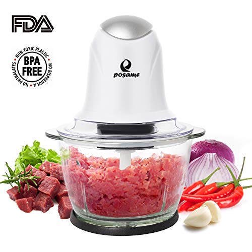 POSAME Meat Grinders Electric Food Processor,Mini Kitchen Food Chopper Vegetable Fruit Cutter Onion Slicer Dicer, Blender and Mincer, with 4-Cup Glass Bowl (White)