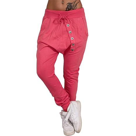 Damen Jogging Sport Hose Boyfriend mit Knopfleiste Baggy Harem Chino Pump Lauf Röhre Bunt Sommer Loose Fit Jogger 79