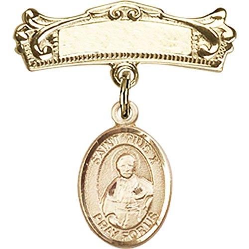 14kt Yellow Gold Baby Badge with St. Pius X Charm and Arched Polished Badge Pin 7/8 X 3/4 inches