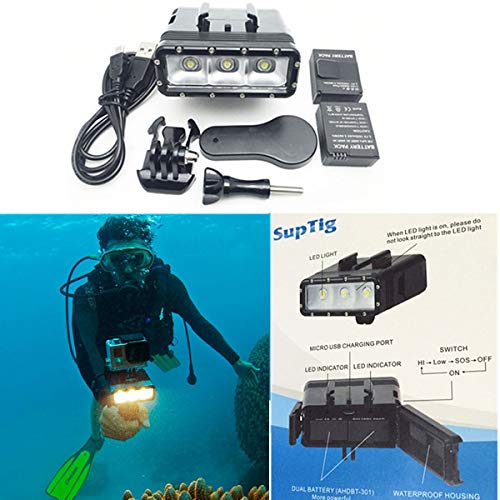 JEERUI NEWEST Accessories For Go Pro Underwater Diving Light waterproof LED video light + buckle mount For GoPro Session/Hero4/3+/3/Xiaomi,Double battery,Black