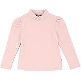 TOTO HEROS Girls Ribbed Mock Neck Long Sleeve Top, Puff Sleeve Stretch Casual Blouse, Pink and White