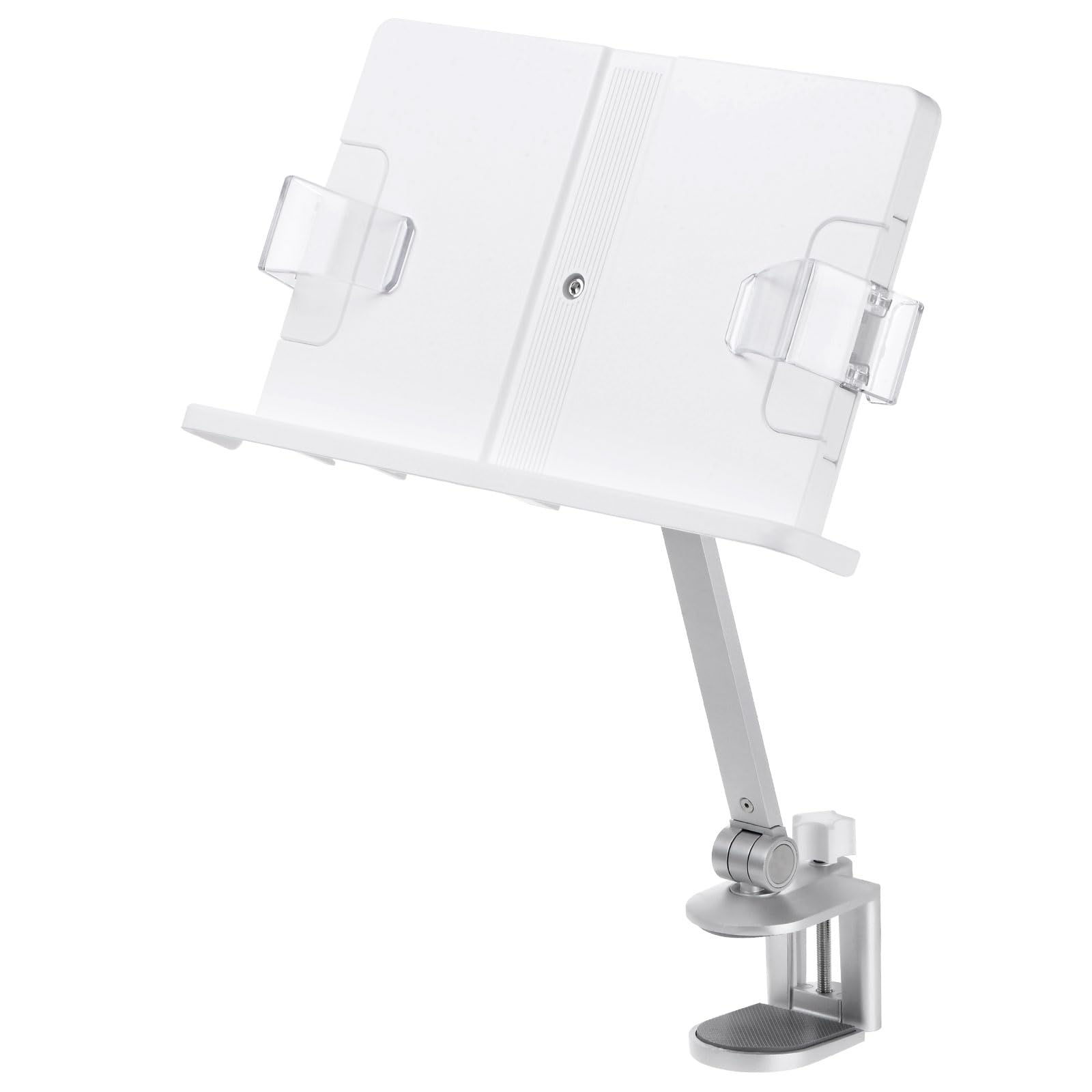 YOKIVE Book Stand for Reading, Adjustable Holder with 360° Rotating Arm & Page Clips, Portable Sturdy Book Holder, Great for Textbook (Silver, 10.3-inch)