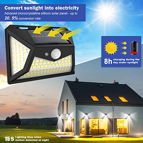 Upgraded Solar Lights Outdoor,118 LED Solar Motion Sensor Security Lights, 3 Lighting Modes 270°Wide Angle Outdoor Wall Lights for Garden Fence Door Yard Garage Pathway(4 Pack)