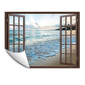 Wall Murals for Bedroom Fake Window Beach Brown Window Removable Wallpaper Peel and Stick Wall Stickers - 24x32 inches