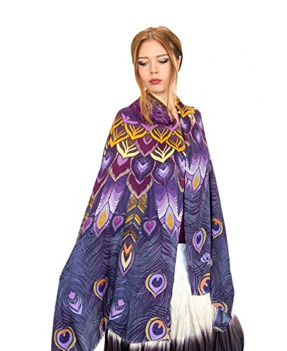 Unique Silk Cashmere Hand Painted Designer Purple Peacock Summer Scarf Shawl
