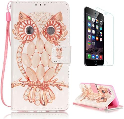 Apple iPhone 7 4.7" Wallet Case [with Free Screen Protector],CasesHome Stylish 3D Pattern Magnetic Wrist Strap Built-in Soft Rubber Bumper Flip Leather Holster - Owl and Diamond