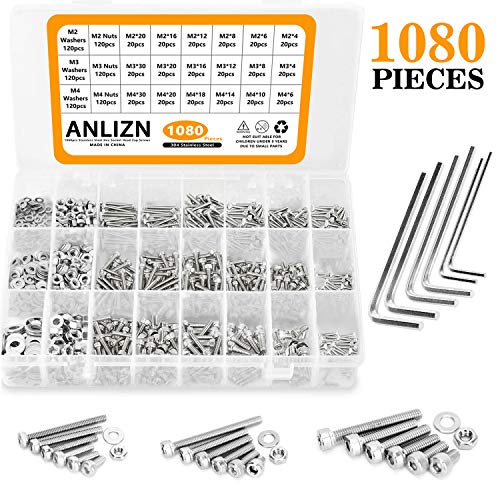 ANLIZN M2 M3 M4 Stainless Steel Hex Socket Head Cap Screws Nuts Set 1080pcs Assortment Kit with Storage Box, Six Hex Wrenches Included, Silver - Thumbnail 7