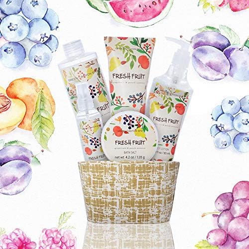 Premium “Fresh Fruit” Bath and Body Gift Set in Grapefruit and Peach Essential Oils - 7 Pcs Lush Spa Gift Baskets for Holiday Birthday Anniversary Wedding Graduation Thank-You Gift