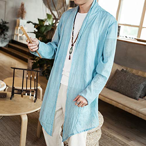 Linen Shirts for Men Kimono Big and Tall Cardigan Long Sleeve Loose Retro Lightweight Tops Blouse (4XL, Blue)