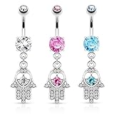 Hamsa Hand with Cz Accebts Dangle Belly Button Ring - 316L Surgical Steel 14g Dangle Navel Ring - Choose Clear, Pink, or Aqua