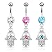 Hamsa Hand with Cz Accebts Dangle Belly Button Ring - 316L Surgical Steel 14g Dangle Navel Ring - Choose Clear, Pink, or Aqua